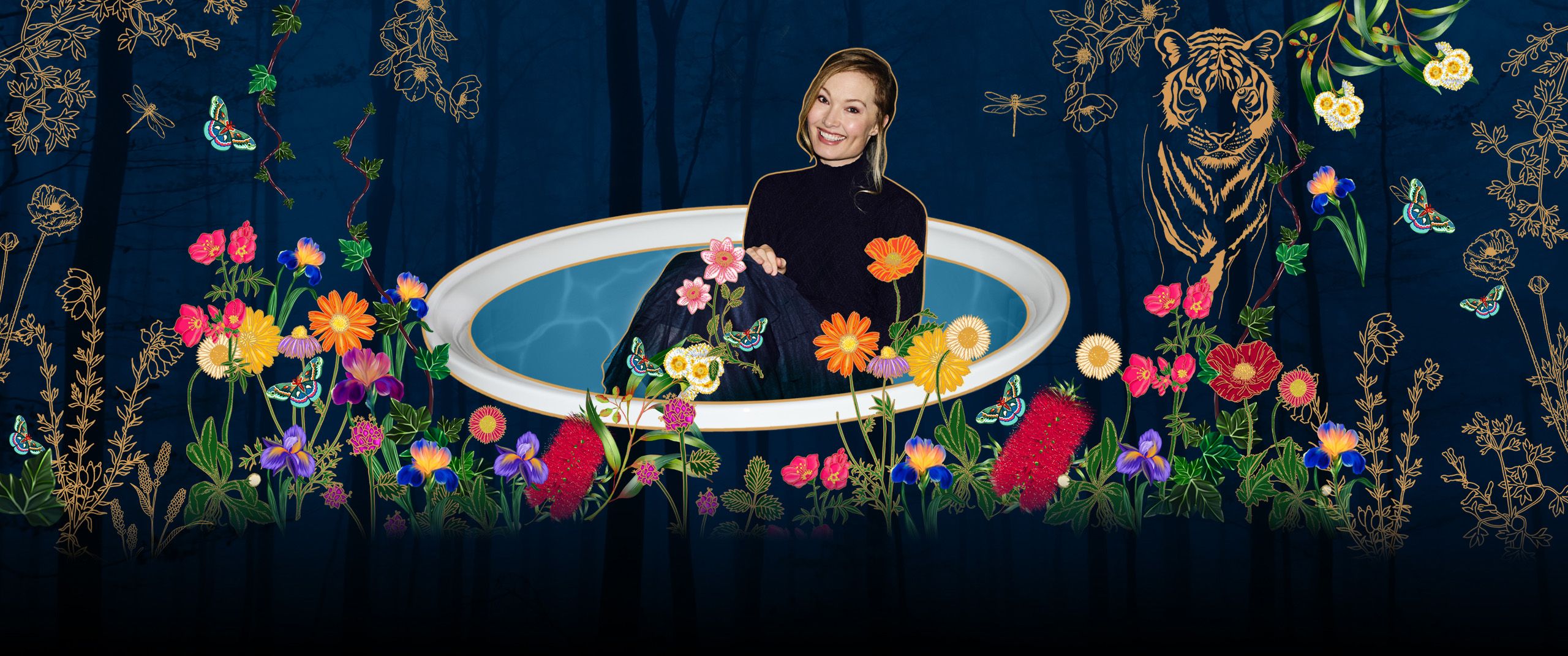 Pip Drysdale sitting in a bath surrounded by illustrated flowers, butterflies and a tiger in a moonlit forest